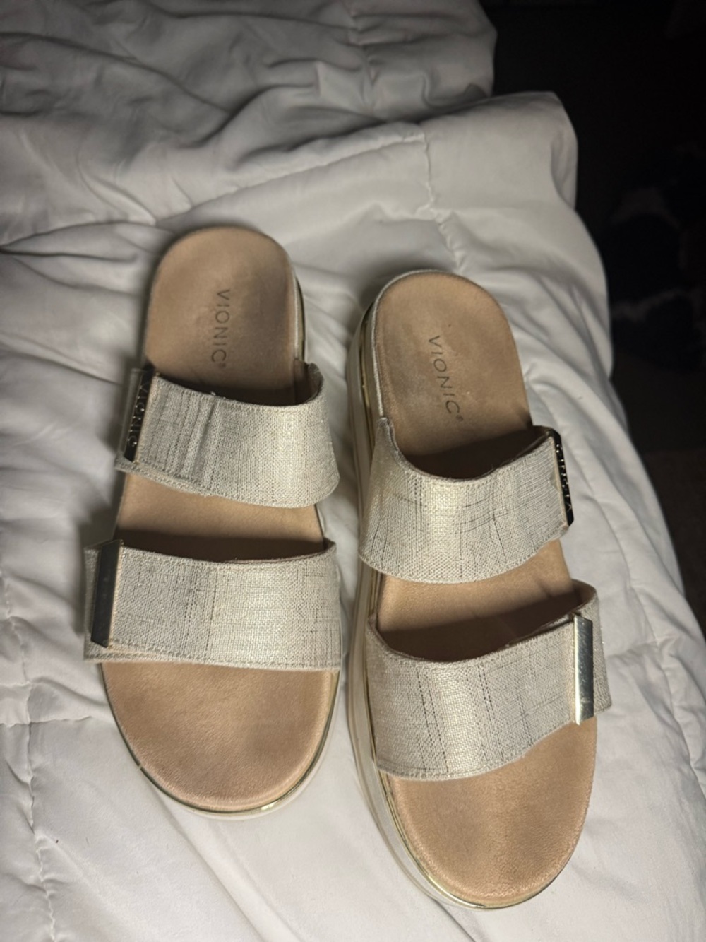 Vionic Double-Strap Slides in Light Beige with Gold Accents